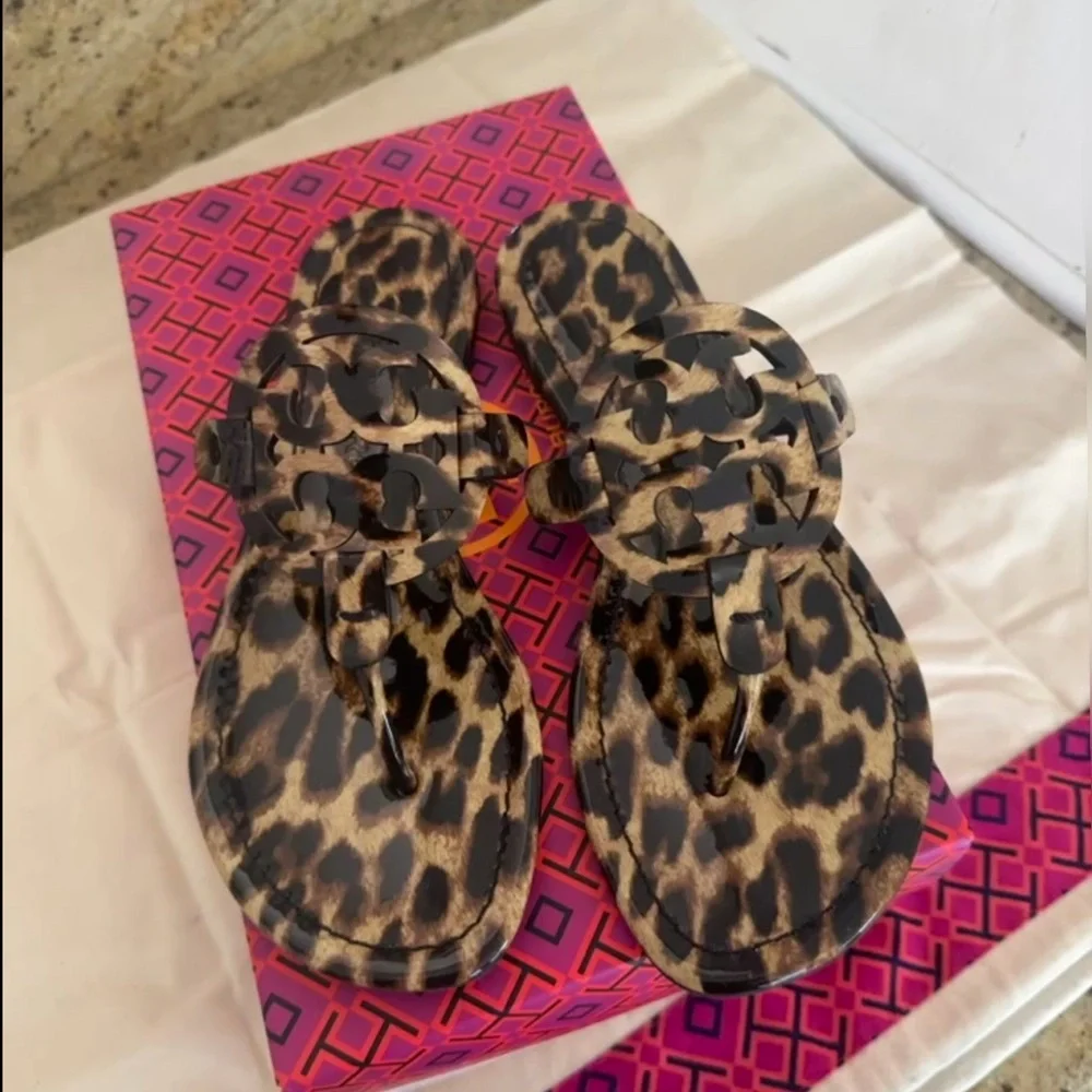 New tory Burch miller patent leopard printed sandals